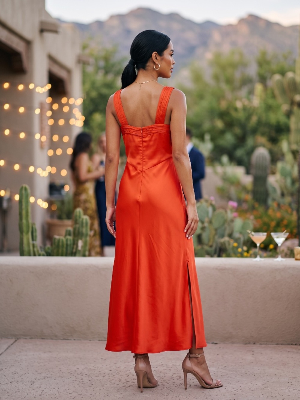 French Connection Red Ennis Satin Slip Maxi Dress | Ruched V Neck Side Slit - Picture 4 of 11
